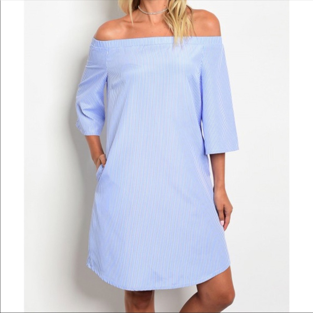 Blue and White Stripe off the Shoulder Dress 👗